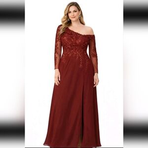 JJ’s House Red/burgandy Floor-Length Off The Shoulde Lace Chiffon Gown Size 12
